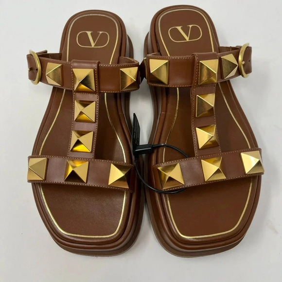 Valentino Garavani Shoes - Valentino Garavani Brown Roman Stud Leather T-Strap Sandals Platform Size 36.5